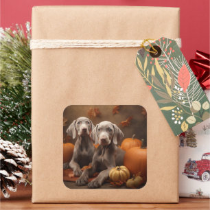Pegatina Cuadrada Weimaraner Puppy Autumn Delight Pumpkin