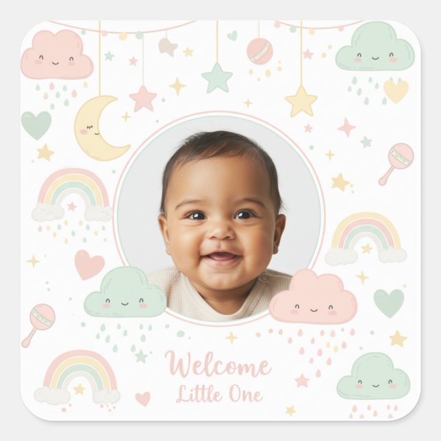 Pegatina Cuadrada Welcome Little One Baby Photo Keepsake (Anverso)