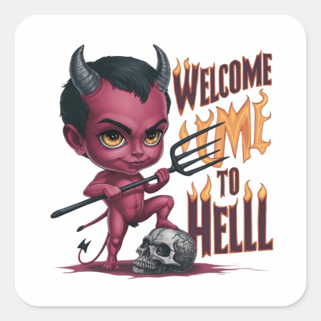 Pegatina Cuadrada Wellcom al infierno (Anverso)