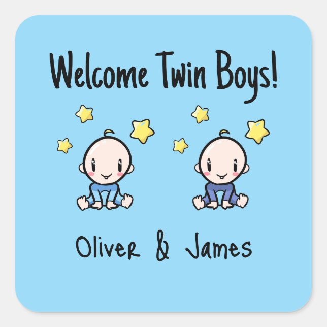 Pegatina Cuadrada Welome Twin Boys!, Blue, Personalized Twin Babies  (Anverso)