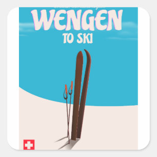 Pegatina Cuadrada Wengen, Suiza, poster del esquí