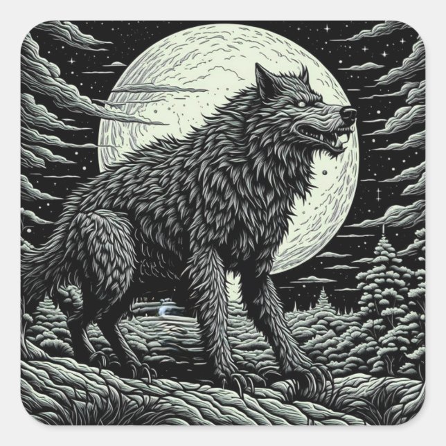 Pegatina Cuadrada Werewolf Ai Art negro y blanco (Anverso)