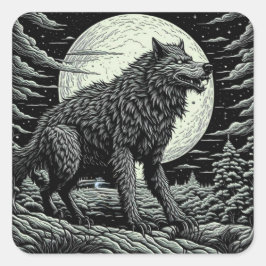 Pegatina Cuadrada Werewolf Ai Art negro y blanco