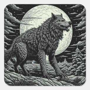Pegatina Cuadrada Werewolf Ai Art negro y blanco