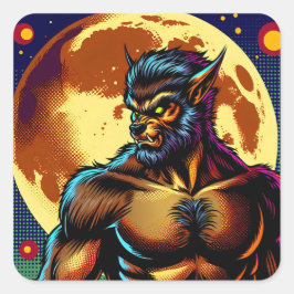 Pegatina Cuadrada Werewolf estilo libro de historietas frente a la l