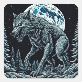 Pegatina Cuadrada Werewolf ventilado gruñendo en una noche de luna l