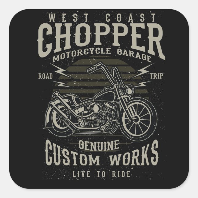 Pegatina Cuadrada West Coast Chopper Motorcycle Garage en vivo (Anverso)