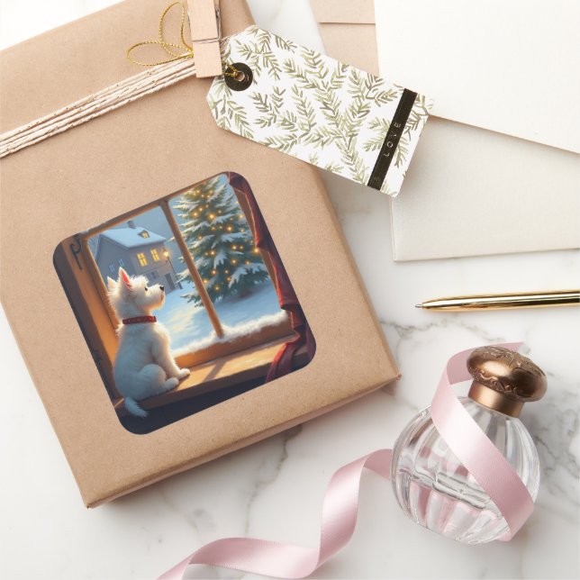 Pegatina Cuadrada West Highland White Terrier Christmas Morning View (Regalar)