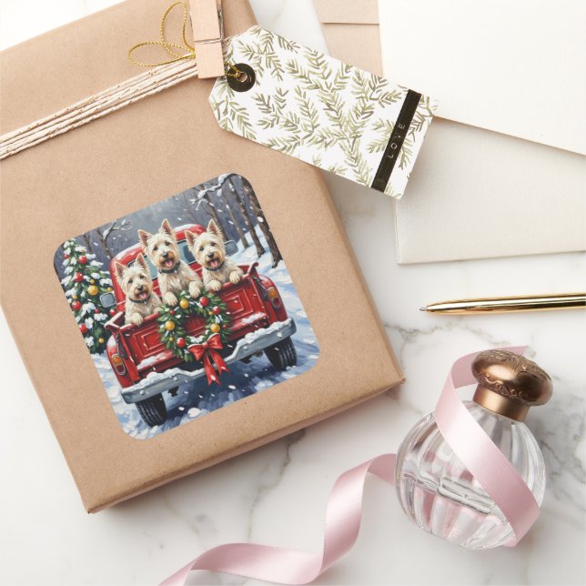 Pegatina Cuadrada West Highland White Terrier Christmas Red Truck (Regalar)