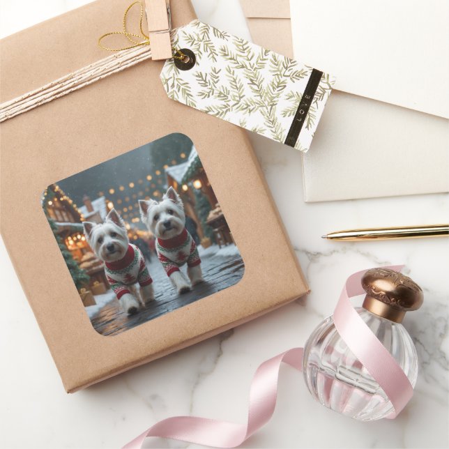 Pegatina Cuadrada West Highland White Terrier Dogs Christmas Snow  (Regalar)