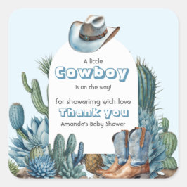 Pegatina Cuadrada Western Blue Little Cowboy Rodeo Boy Baby Shower