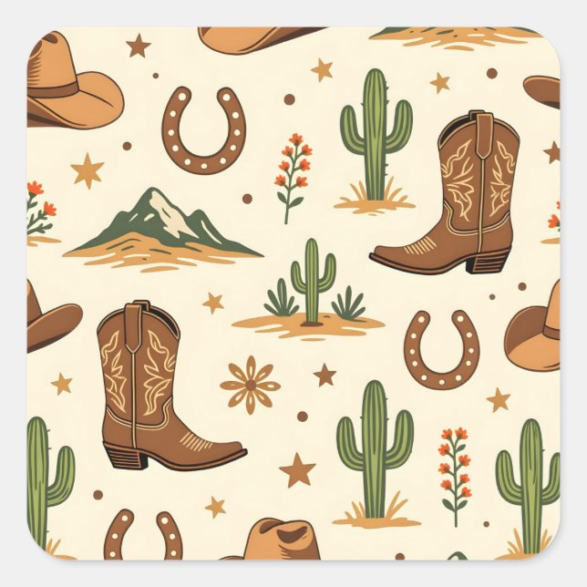 Pegatina Cuadrada Western country theme with cactus (Anverso)