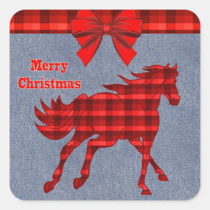 Pegatina Cuadrada Western Horse Red Plaid Faux Denim