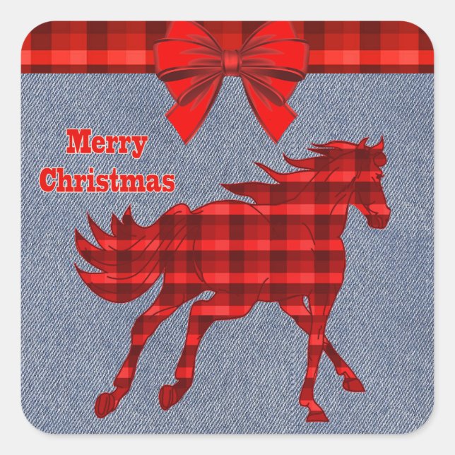 Pegatina Cuadrada Western Horse Red Plaid Faux Denim (Anverso)