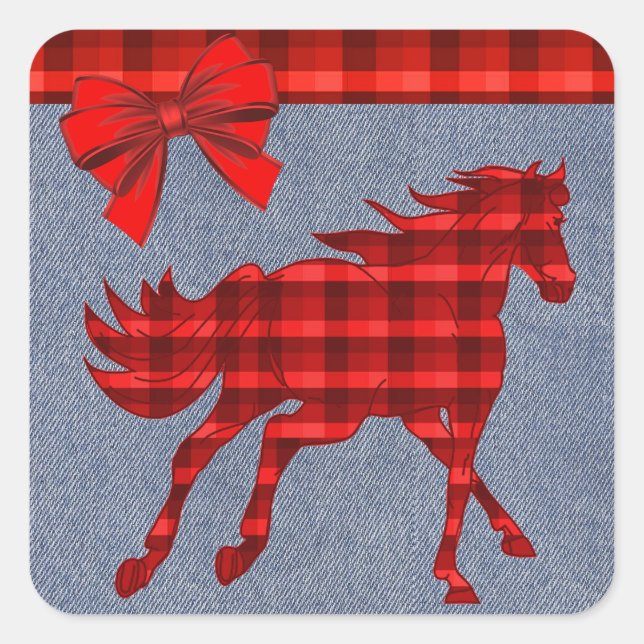 Pegatina Cuadrada Western Horse Red Plaid Faux Denim (Anverso)