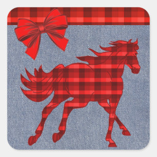 Pegatina Cuadrada Western Horse Red Plaid Faux Denim