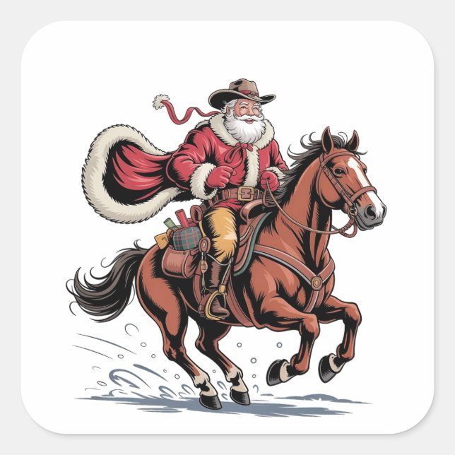 Pegatina Cuadrada Western Riding Rodeo Horse Cowboy Santa Christmas (Anverso)