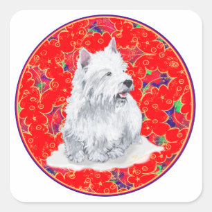 Pegatina Cuadrada Westie Aquí Viene Santa Claus