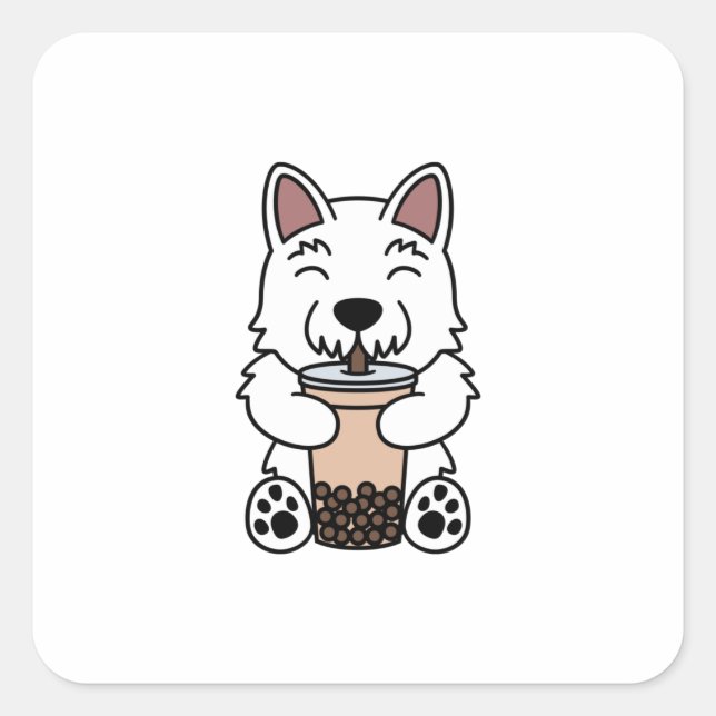 Pegatina Cuadrada Westie Boba Bubble Tea (Anverso)