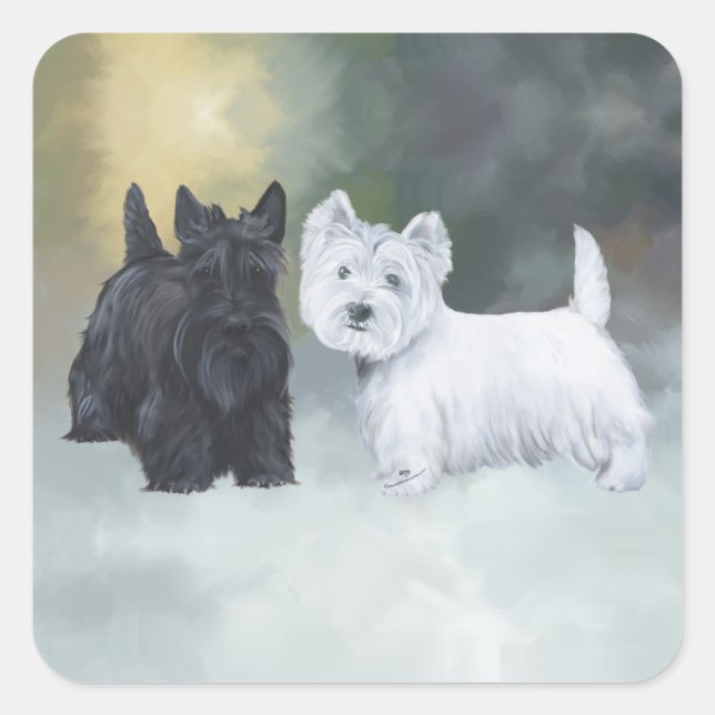 Pegatina Cuadrada Westie Scottie Wintertime (Anverso)