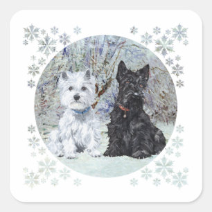 Pegatina Cuadrada Westie y Scottie en paisaje nevado