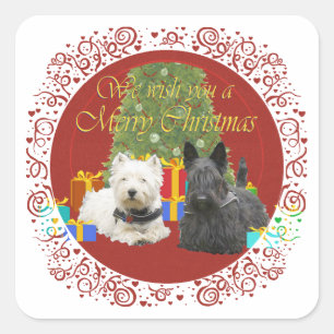 Pegatina Cuadrada Westie y Scottie Feliz Navidad