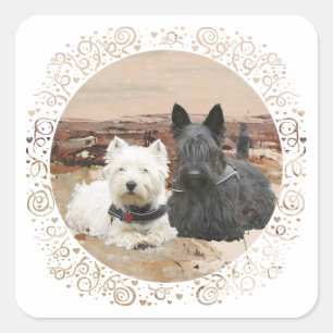 Pegatina Cuadrada Westie y Scottie Juntos Otoño
