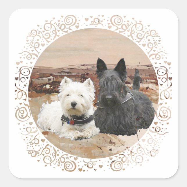 Pegatina Cuadrada Westie y Scottie Juntos Otoño (Anverso)