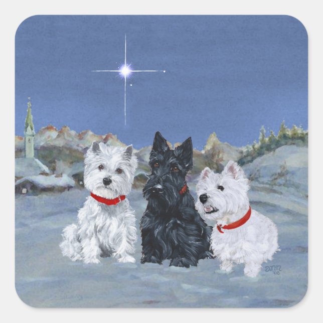 Pegatina Cuadrada Westies y una Navidad Scottie (Anverso)