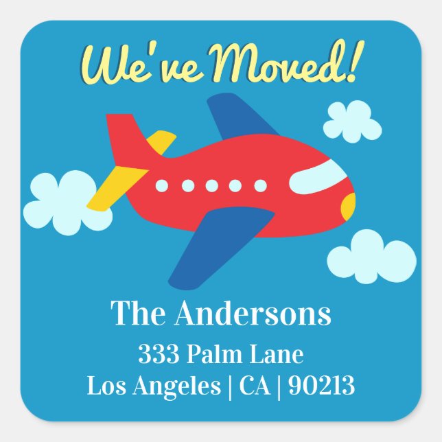 Pegatina Cuadrada We've Moved, Red Cartoon Plane, Return Address (Anverso)