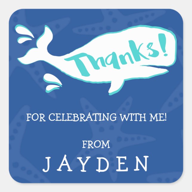 Pegatina Cuadrada Whale Splash | Gracias Pegatinas de cumpleaños (Anverso)