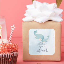 Pegatina Cuadrada Whales Watercolor Blue Boy Baby Shower