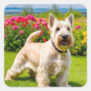 Pegatina Cuadrada Wheaten Scottish Terrier jugando en Flowers Grass