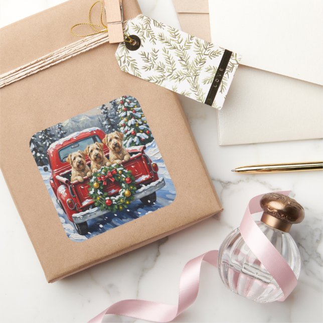 Pegatina Cuadrada Wheaten Terrier Christmas Red Truck Holiday Gift (Regalar)