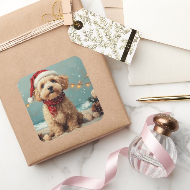Pegatina Cuadrada Wheaten Terrier Dog Navidades Vintage Beach (Regalar)