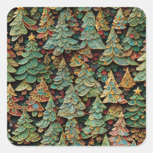 Pegatina Cuadrada Whimsey de los bosques de árboles de Navidad