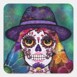 Pegatina Cuadrada Whimsical Abstract Floral Hippie Sugar Skull