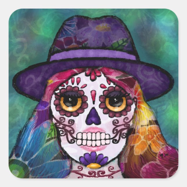 Pegatina Cuadrada Whimsical Abstract Floral Hippie Sugar Skull (Anverso)