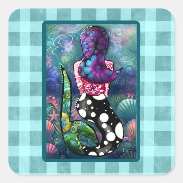 Pegatina Cuadrada Whimsical Abstract Mermaid Nautical Teal Seashells (Anverso)