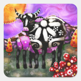 Pegatina Cuadrada Whimsical Abstract Momma & Baby Cow Funky Farm