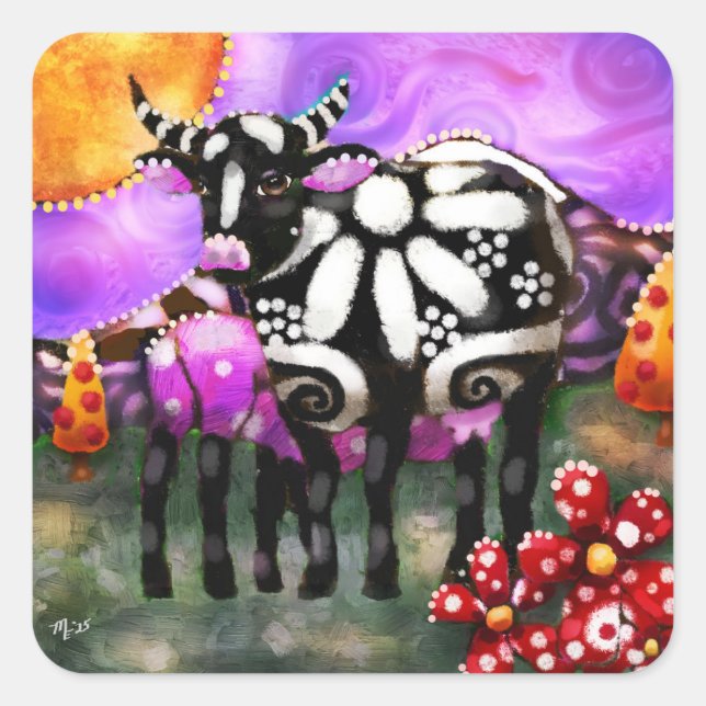 Pegatina Cuadrada Whimsical Abstract Momma & Baby Cow Funky Farm (Anverso)