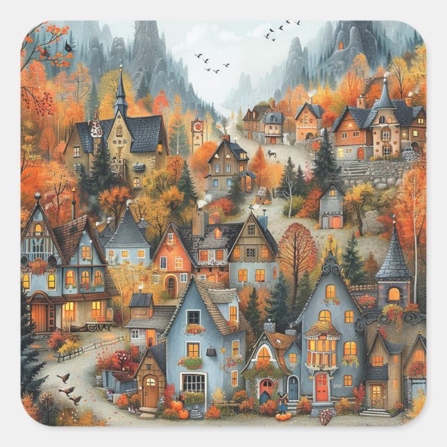 Pegatina Cuadrada Whimsical Autumn Village Forest Ilustracion (Anverso)