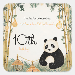 Pegatina Cuadrada Whimsical Beige Bamboo y Panda Birthday Party