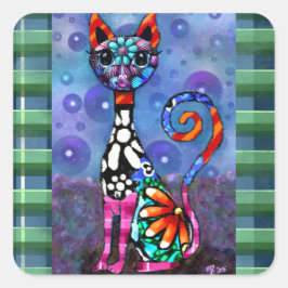 Pegatina Cuadrada Whimsical Big-Eyed Funky Abstract Kitty Cat