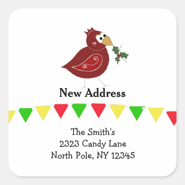 Pegatina Cuadrada Whimsical Bird New Address (Anverso)