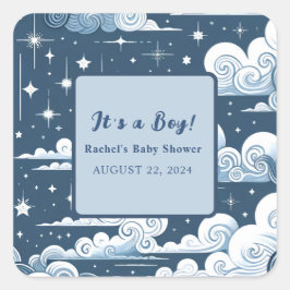 Pegatina Cuadrada Whimsical Blue Celestial Personalizado Baby Shower