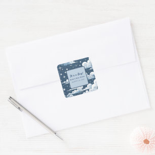Pegatina Cuadrada Whimsical Blue Celestial Personalizado Baby Shower
