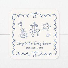 Pegatina Cuadrada Whimsical Blue Wavy Frame Baby Boy Shower