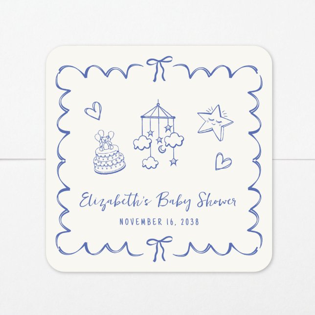 Pegatina Cuadrada Whimsical Blue Wavy Frame Baby Boy Shower (Subido por el creador)