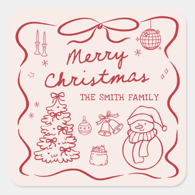 Pegatina Cuadrada Whimsical Bow Christmas Party Sticker (Anverso)